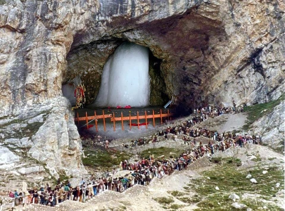 Amarnath Cave Shrine in the Kashmir Himalayas with the sacred ice Shiva Lingam