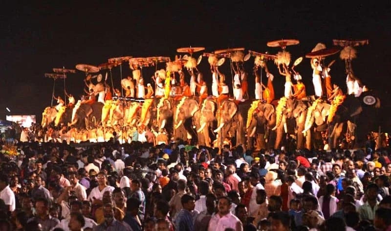 Kerala temple festival crowd with decorated elephants, representative image